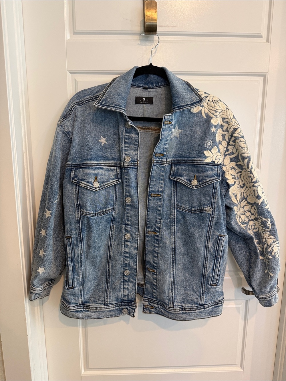 7 For All Mankind Light Blue Denim Jacket with White Floral & Star Embroidery